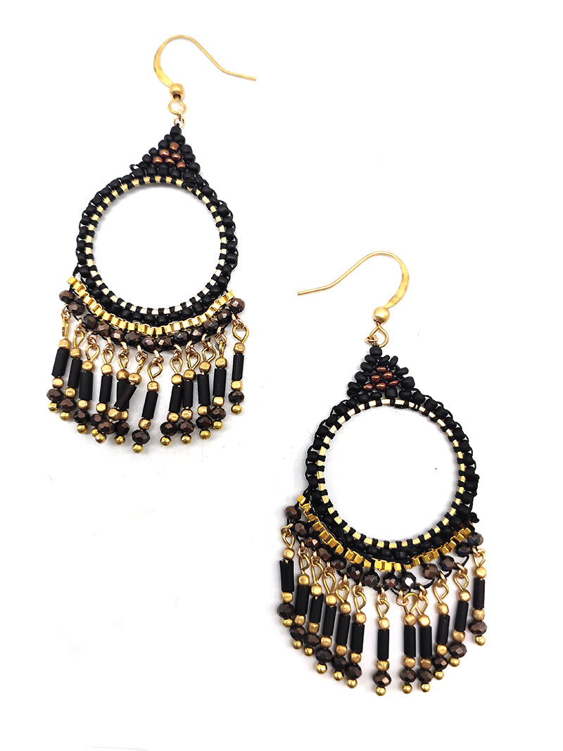 Bohemian Beads Chandelier Fish Hook Earrings Black
