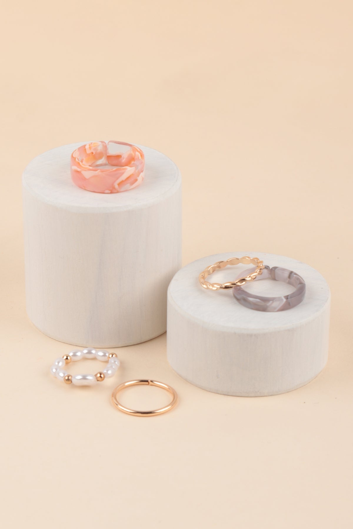Marble Resin Twisted Beaded Pearl Assorted 5 Pcs Ring Set