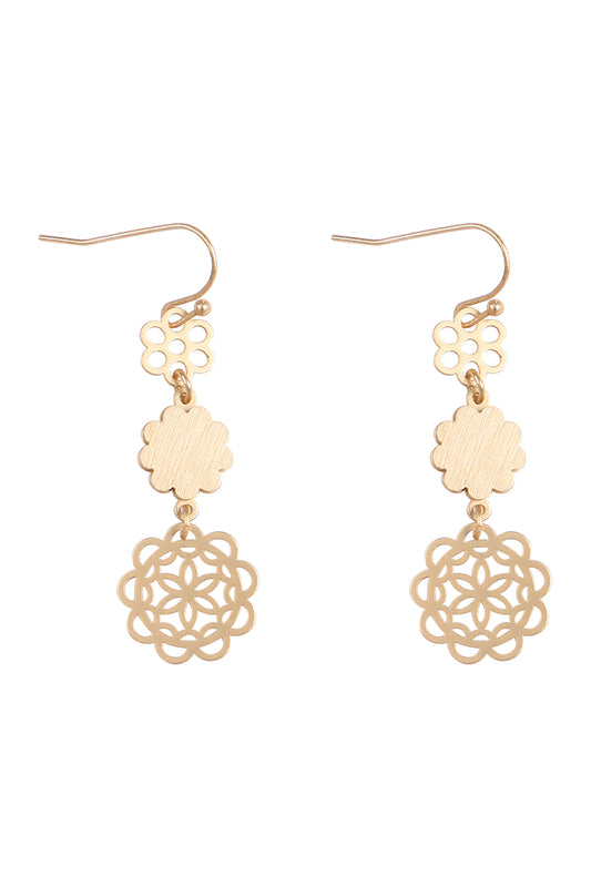 Moroccan Flower Wood Metal Drop Link Earrings Brown