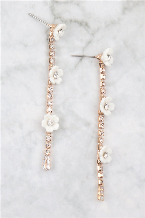 White Flower & Stone Chain Drop Earrings Gold