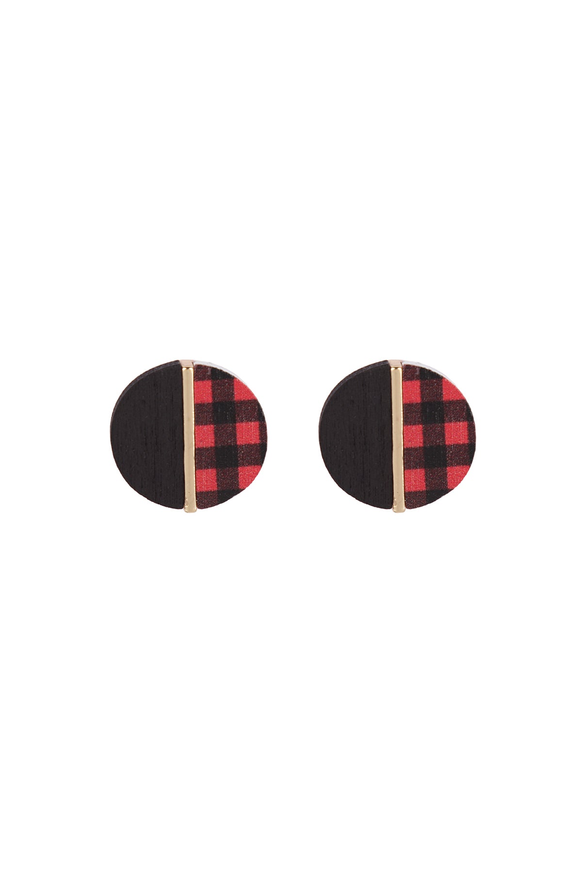 Round Wood Red Check Two Tone Stud Earrings