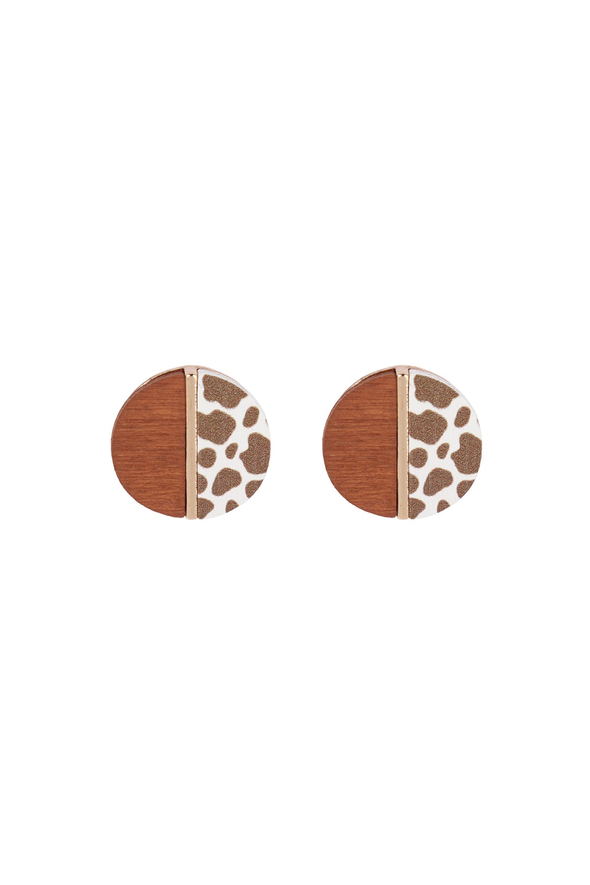 Round Wood Natural Cow Two Tone Stud Earrings