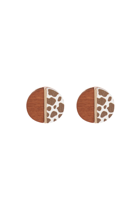 Round Wood Check Two Tone Stud Earrings