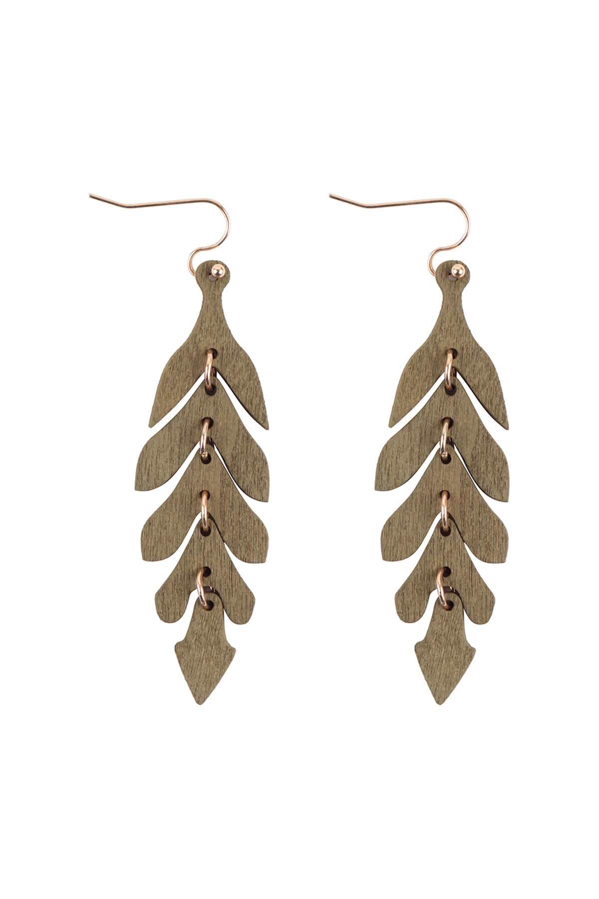 Wood Narrow Leaf Dangle Drop Earrings Olive