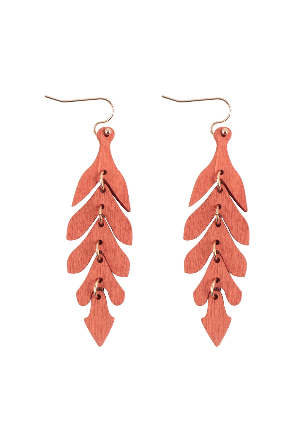 Wood Narrow Leaf Dangle Drop Earrings Orange