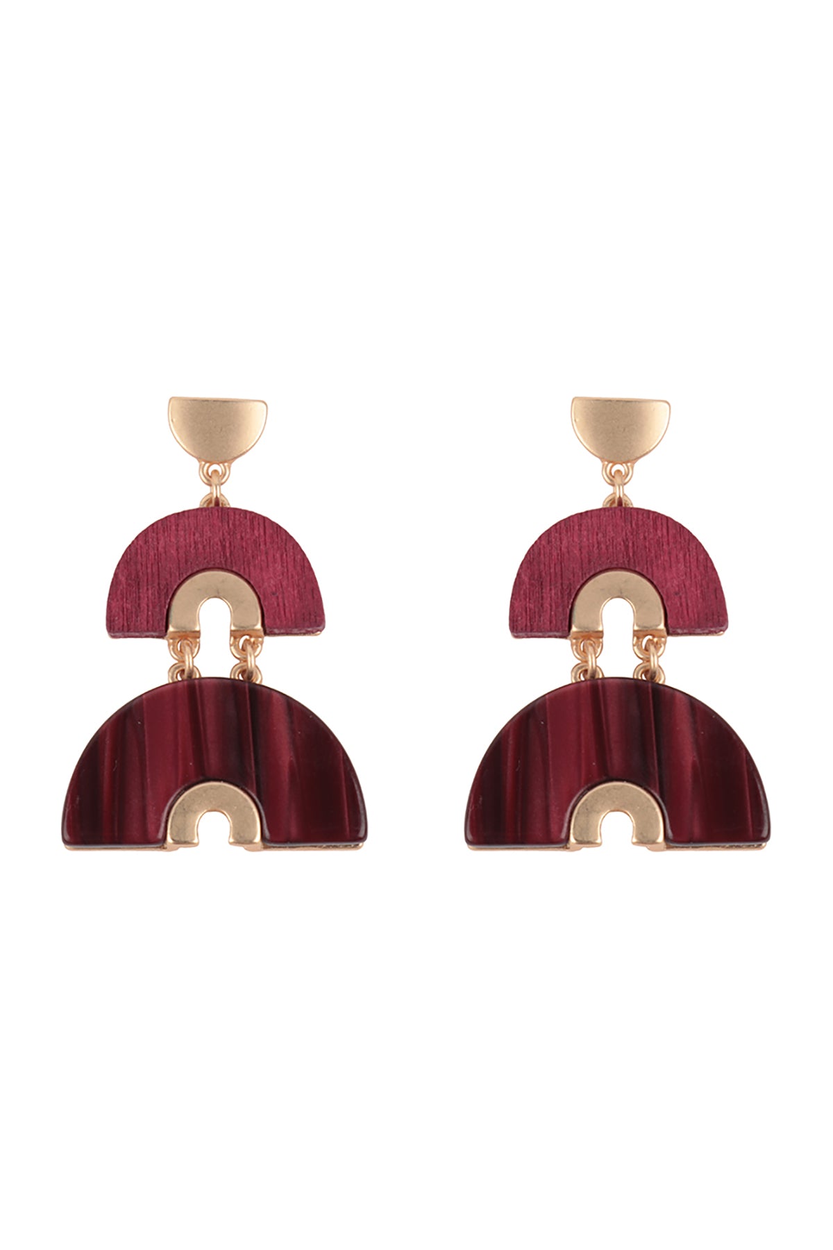 Acetate Wood Arch Layered Drop Earrings Burgundy
