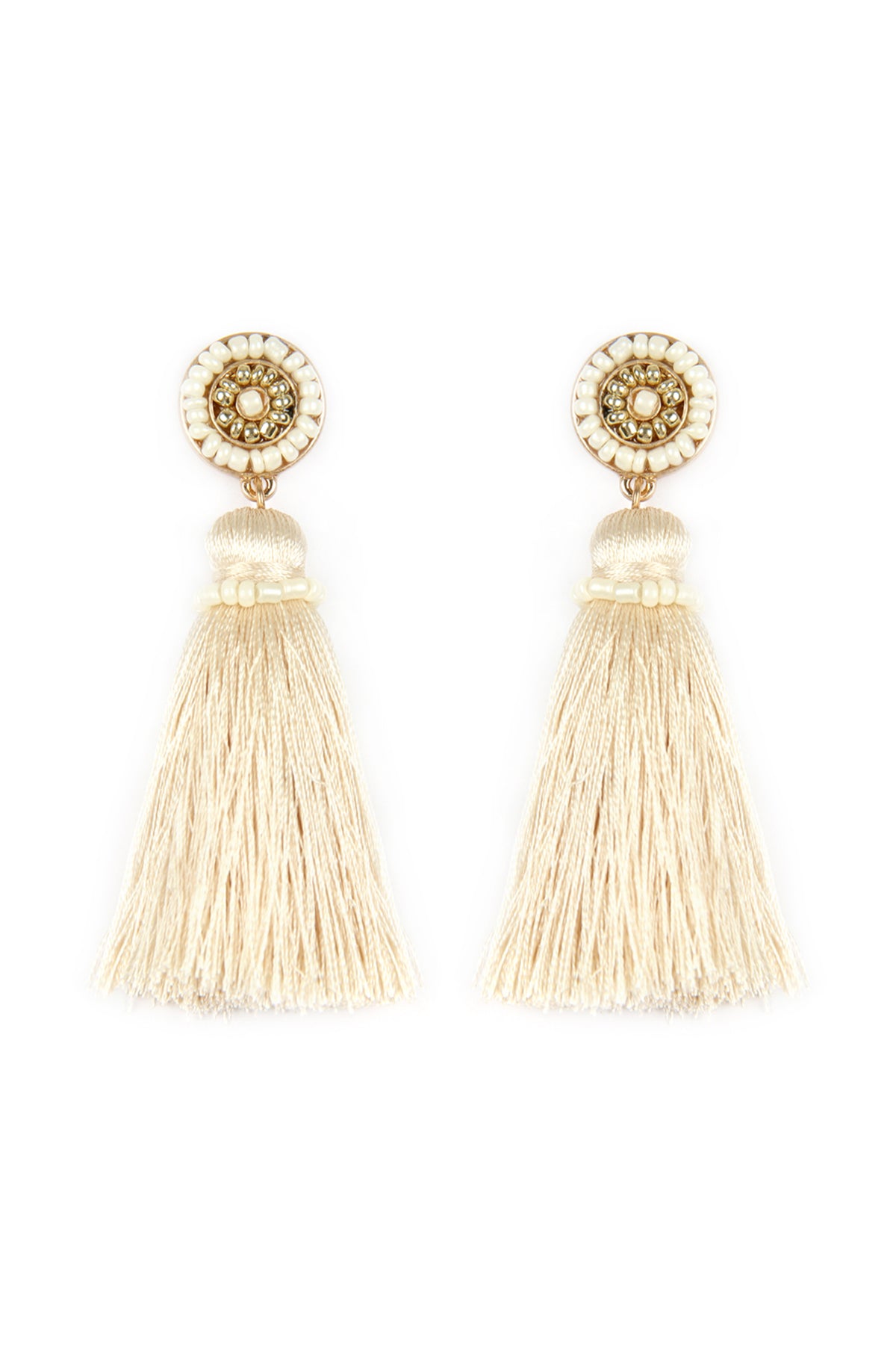 Cream Circled Seed Beads And Tassel Earrings