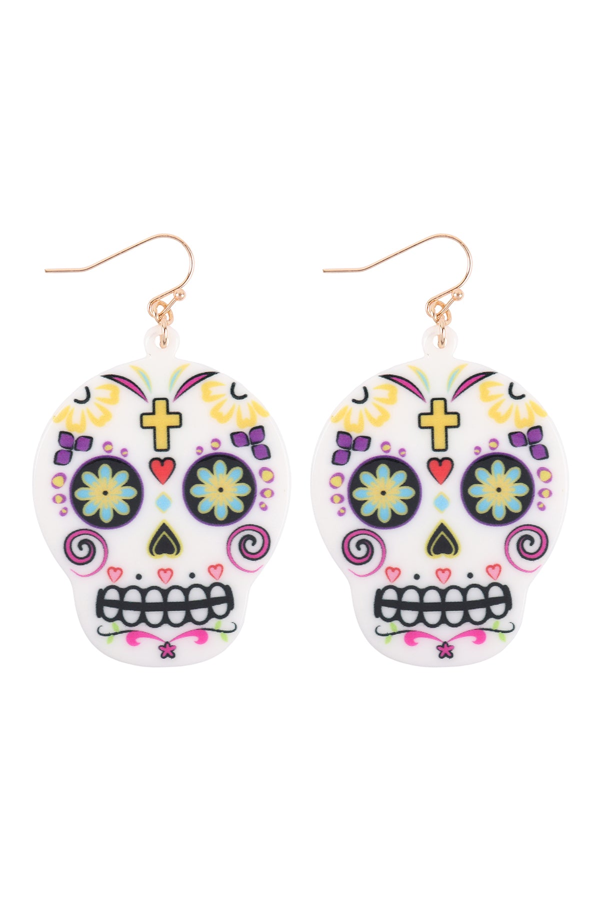 Sugar Skull Fish Hook Dangling Earrings White