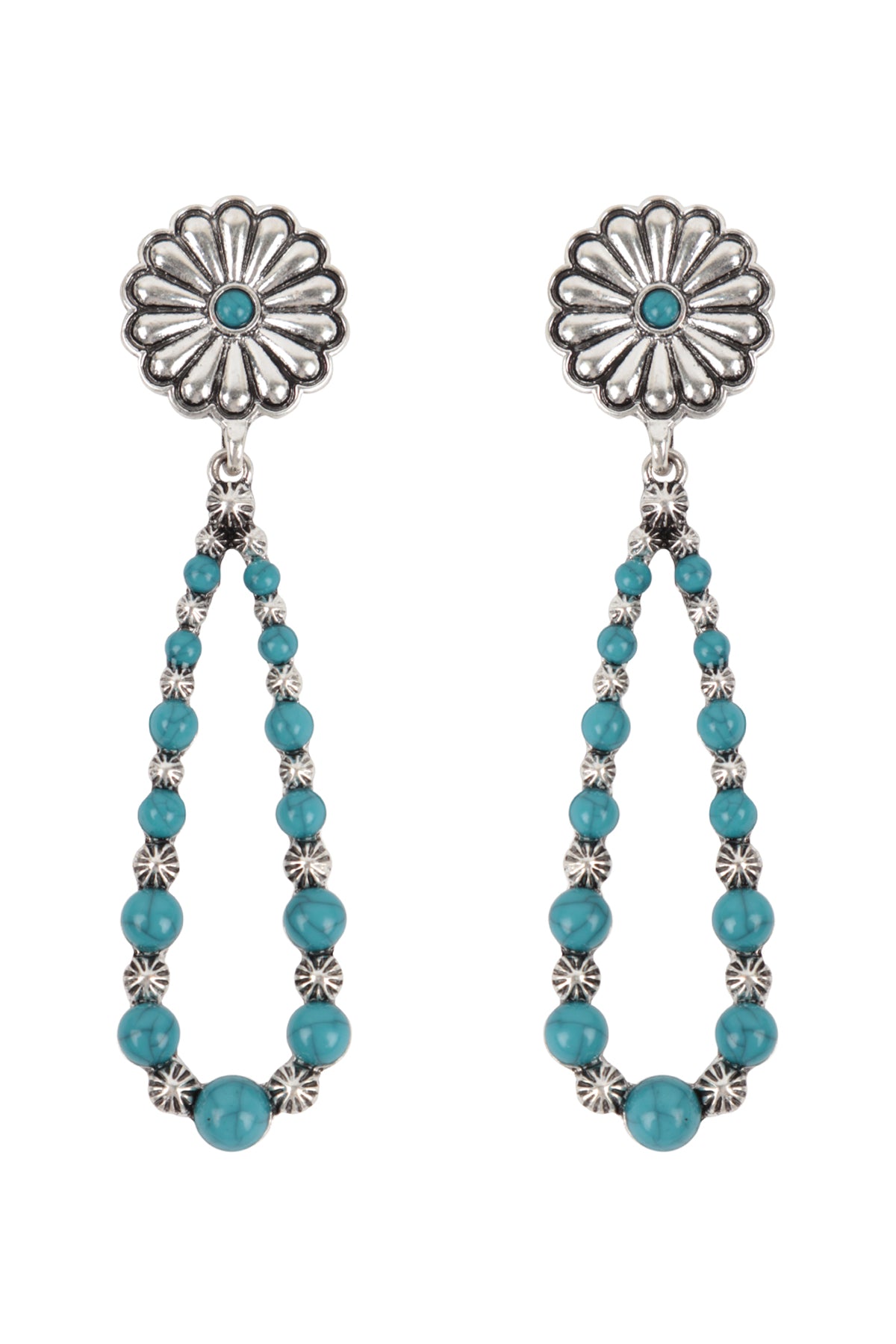 Western Concho Flower Natural Stone Drop Earrings Silver Burnish Tur2uoise