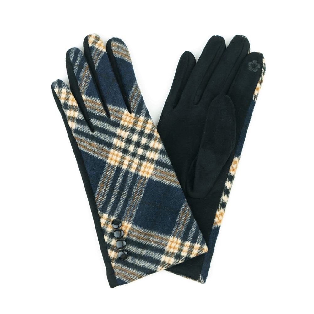 Multi Plaid Button Gloves Smart Touch Navy