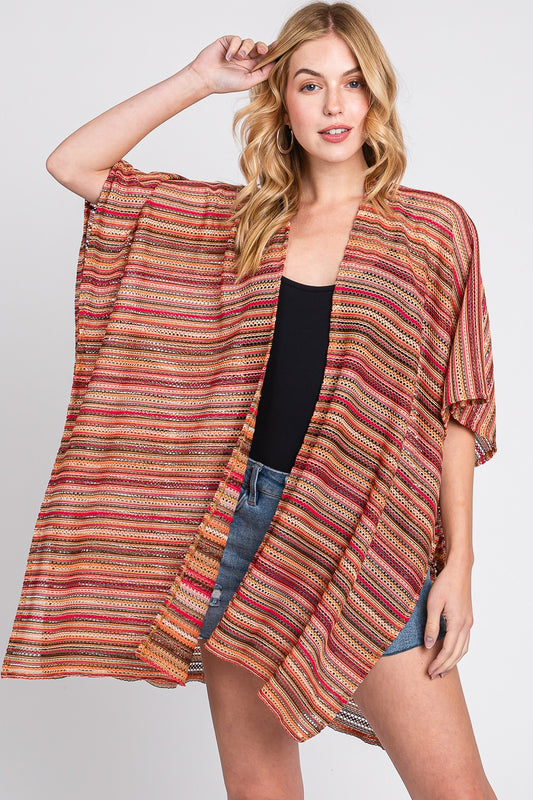Multi Color Stripe Crochet Open Front Cover-Up