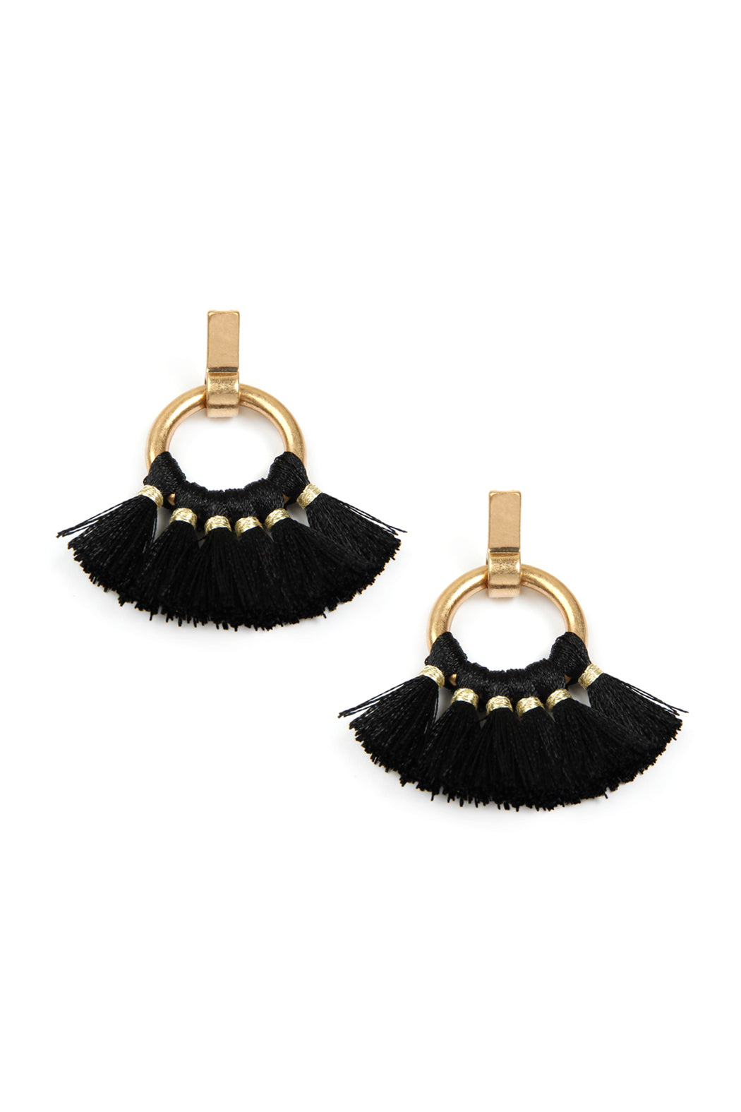 Black Fan Tassel Post Wrap Hoop Dangle Earrings
