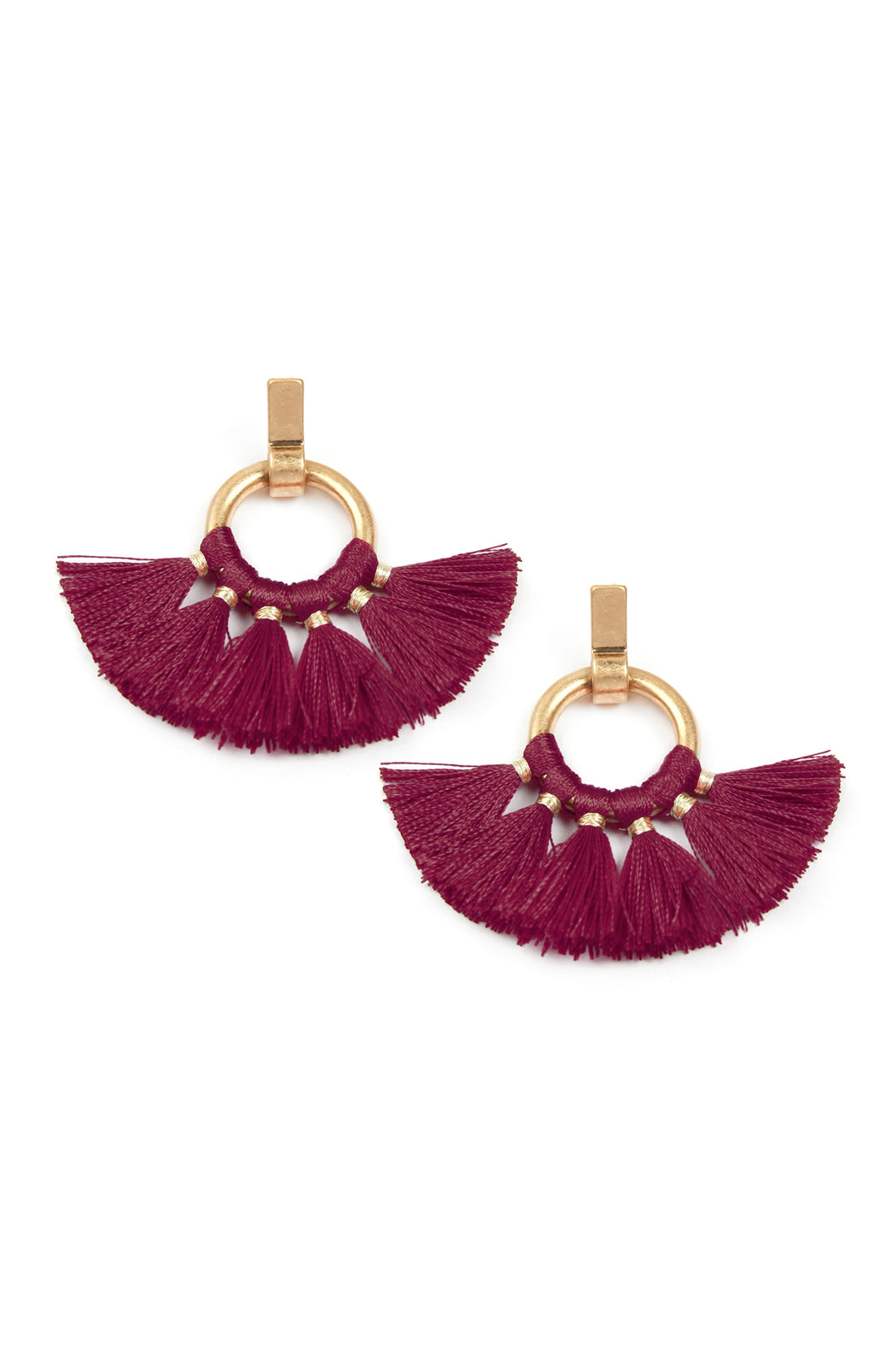 Fan Tassel Post Wrap Hoop Dangle Earrings Burgundy