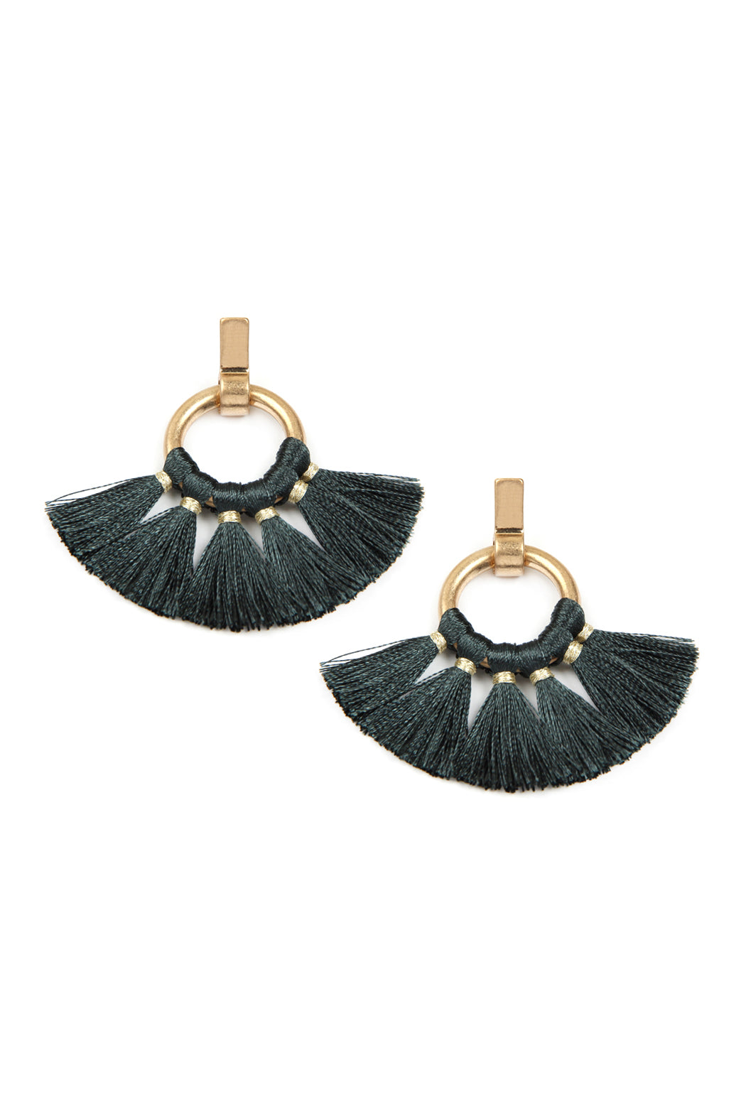 Teal Fan Tassel Post Wrap Hoop Dangle Earrings