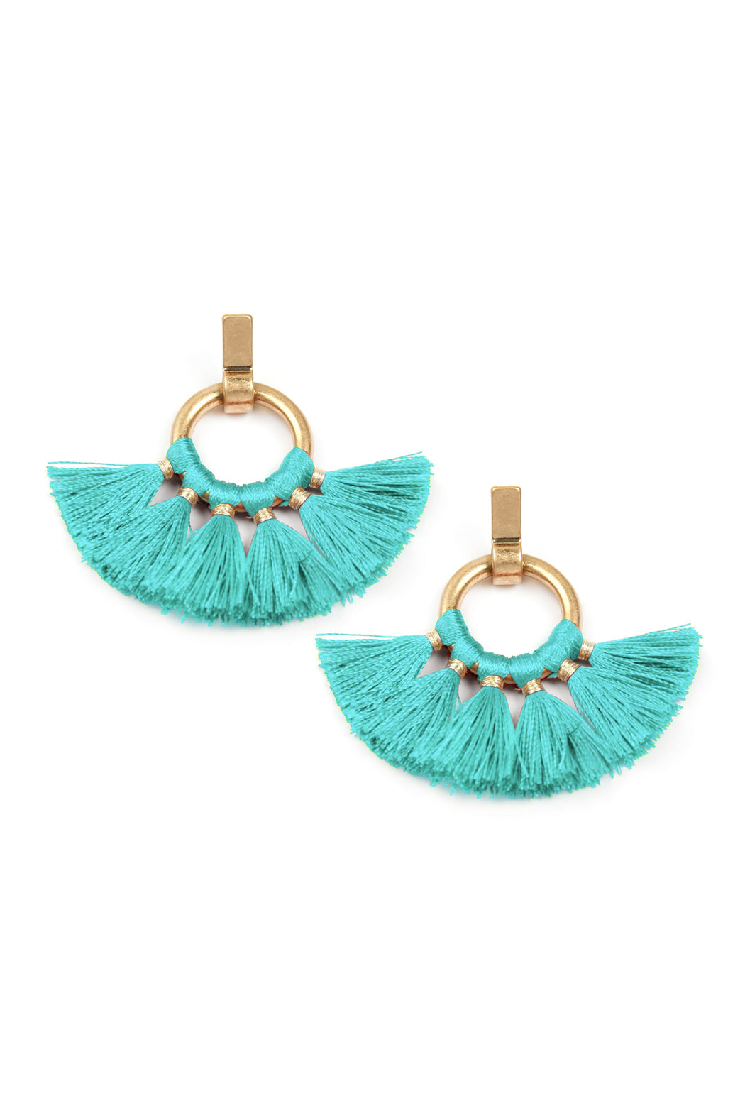 Tur2uoise Fan Tassel Post Wrap Hoop Dangle Earrings