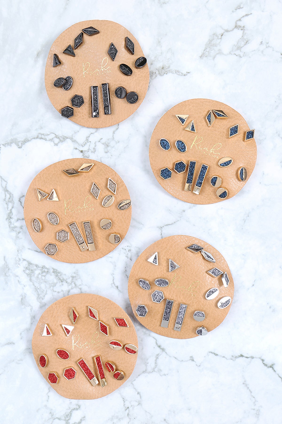 Assorted Set Geometric Shape Druzy Stud Earrings Gold Red /6pcs