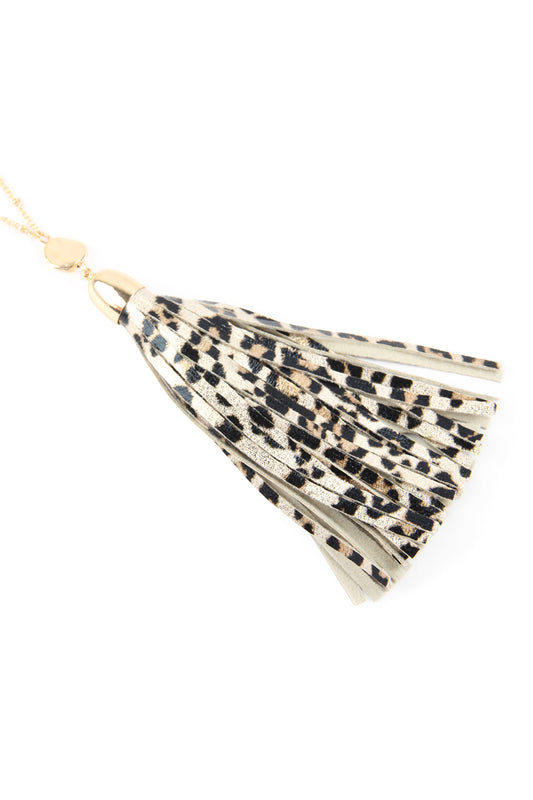 Gold Leopard Skin Printed Leather Tassel Necklace