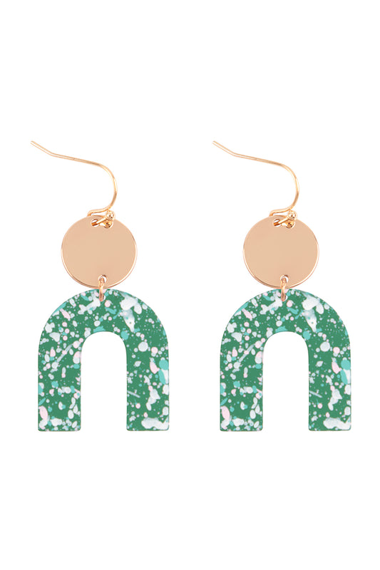 Upside Down Splatter Print Drop Fish Hook Earrings Matte Gold Blue