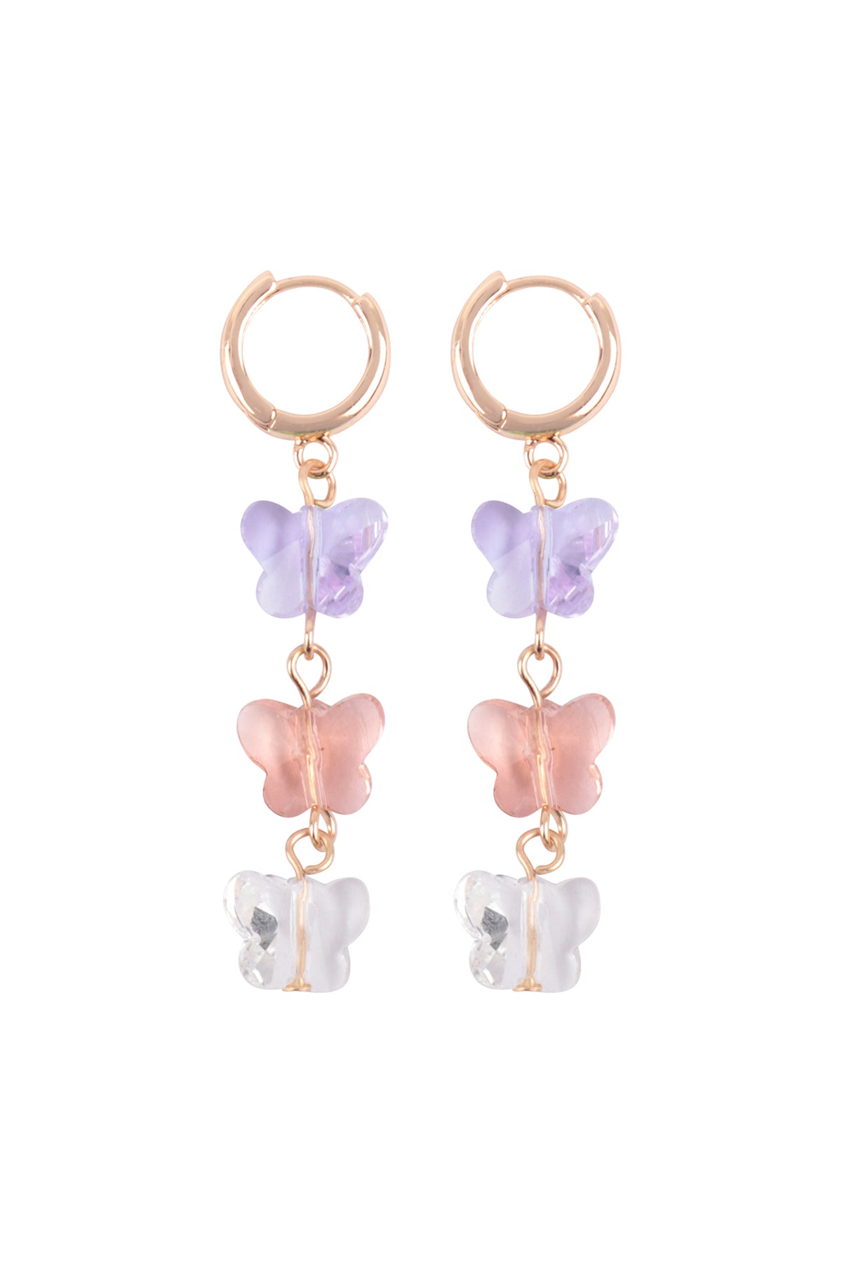 3 Glass Butterfly Drop Hoop Earrings Gold Lavender
