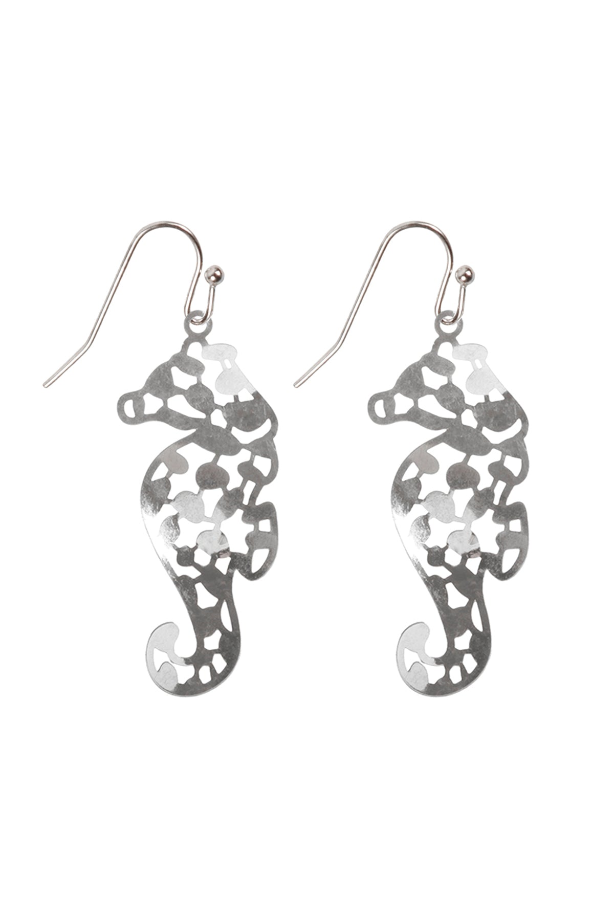 Metal Filigree Sea Horse Fish Hook Earrings Matte Silver