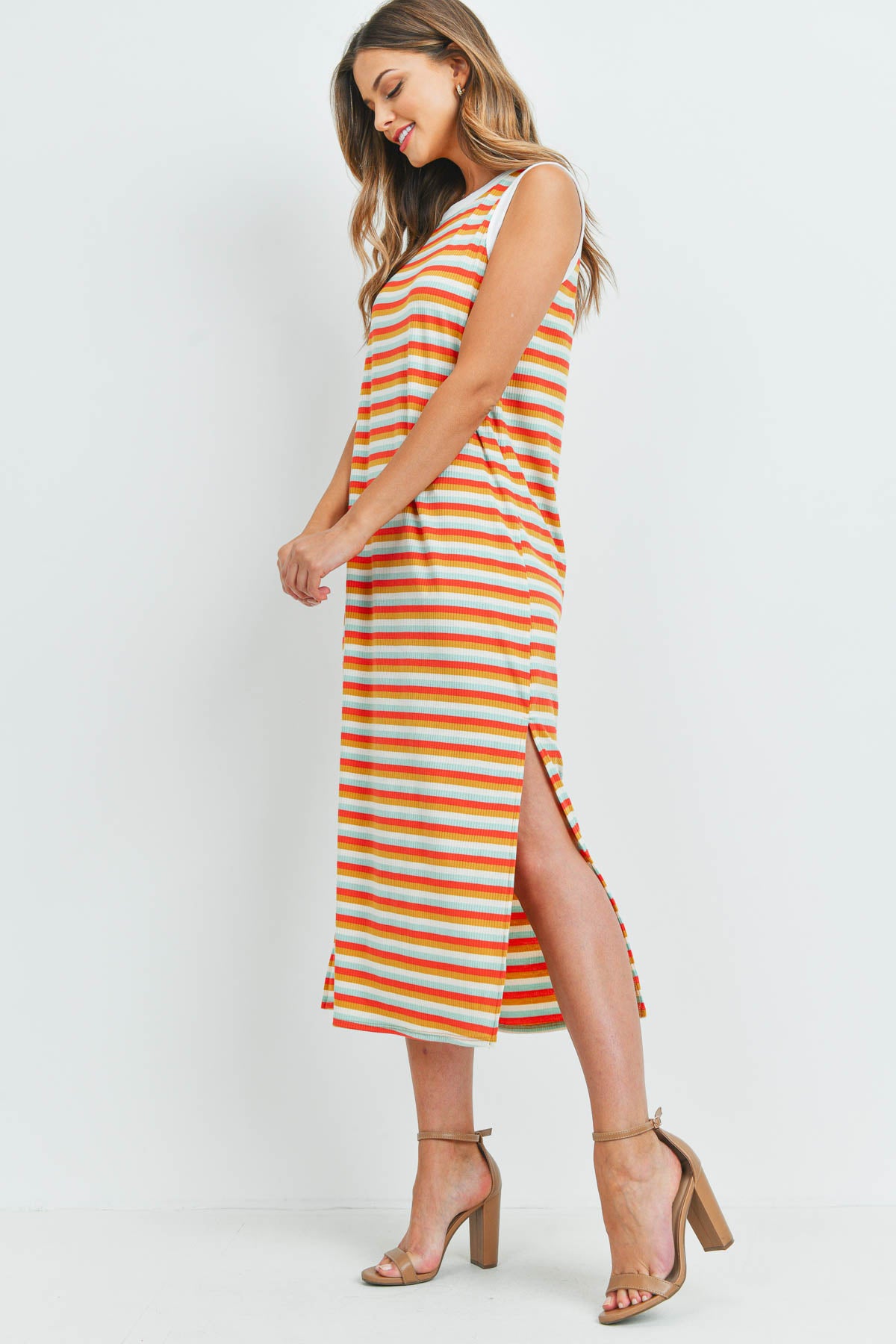 Rib Multicolor Stripes Maxi Dress With Side Slit