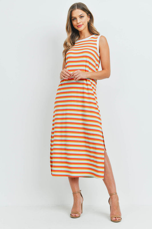 Rib Multicolor Stripes Maxi Dress With Side Slit