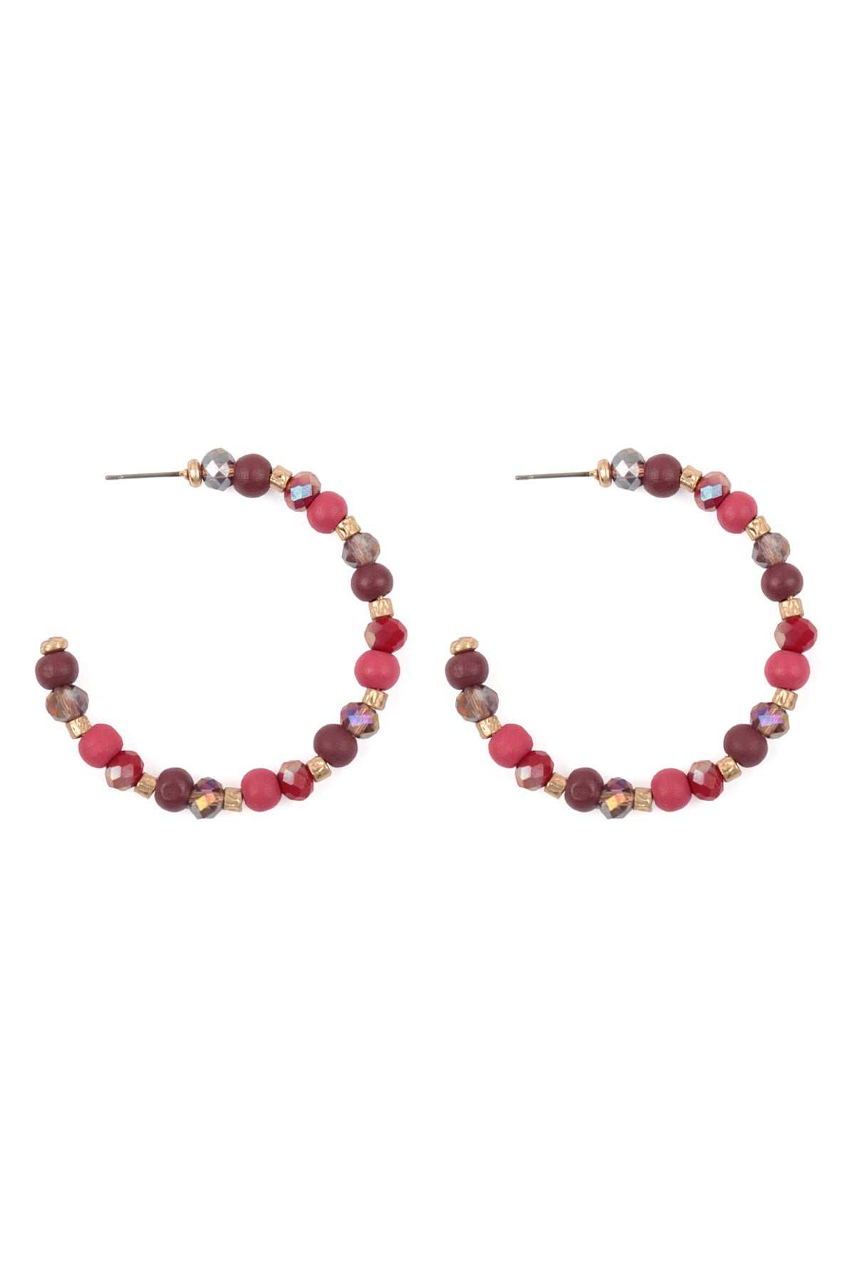Wood Mix Beads Hoop Earrings Wine