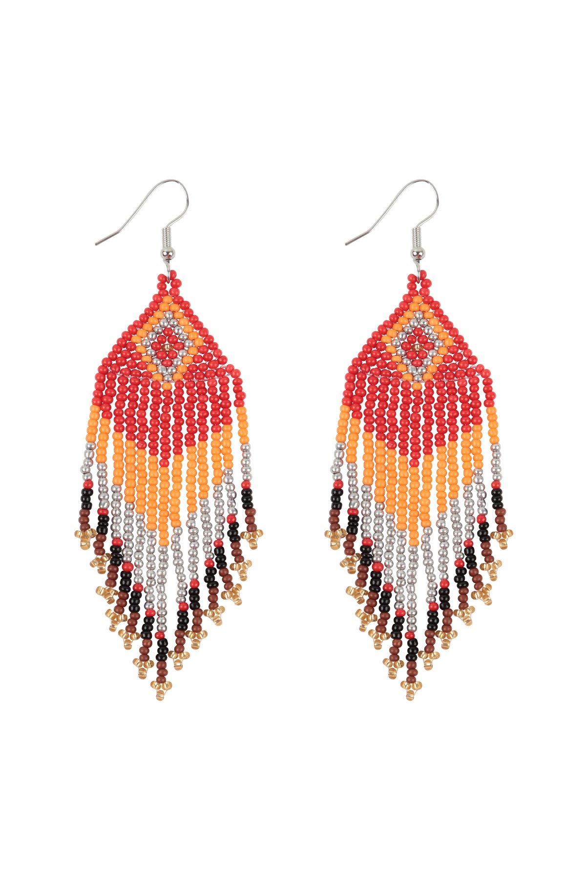 Tribal Pattern Seed Beads Boho Fish Hook Earrings Red