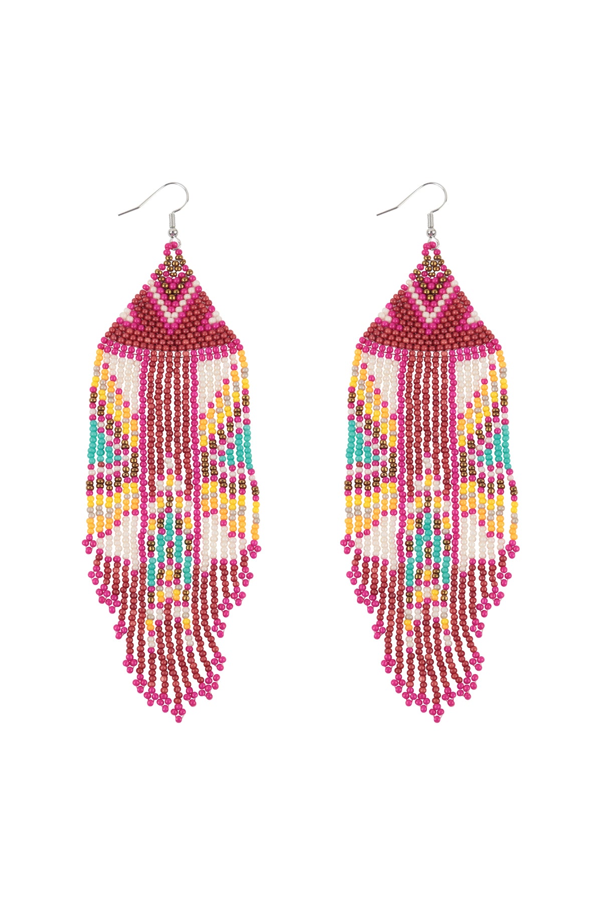 Aztec Pattern Fringe Beaded Fish Hook Earrings Red