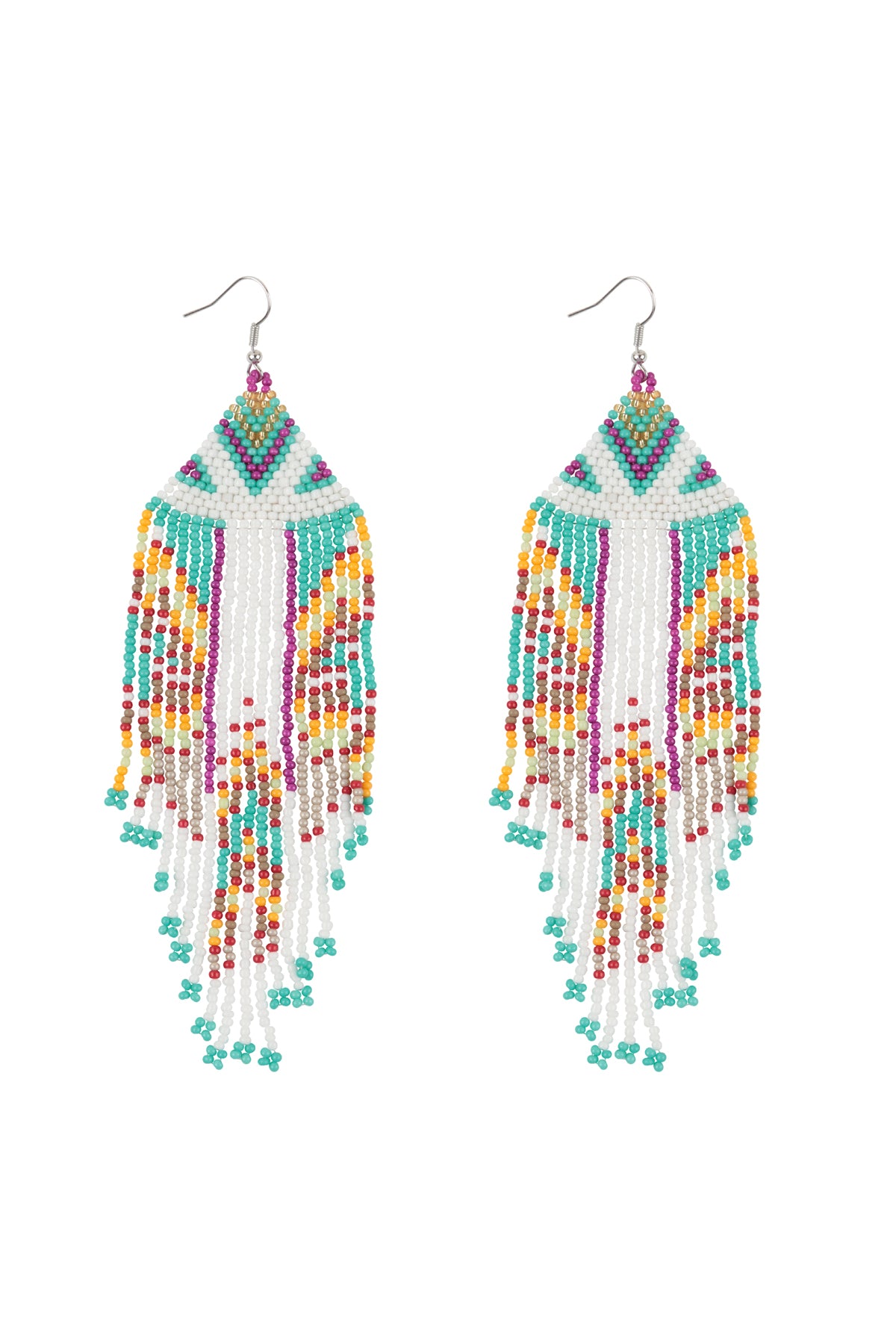 Aztec Pattern Fringe Beaded Fish Hook Earrings Tur2uoise