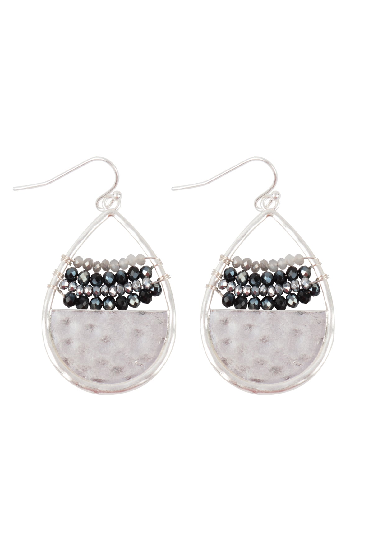 Hammered Teardrop W/ Rondelle Beads Fish Hook Earrings Silver Black