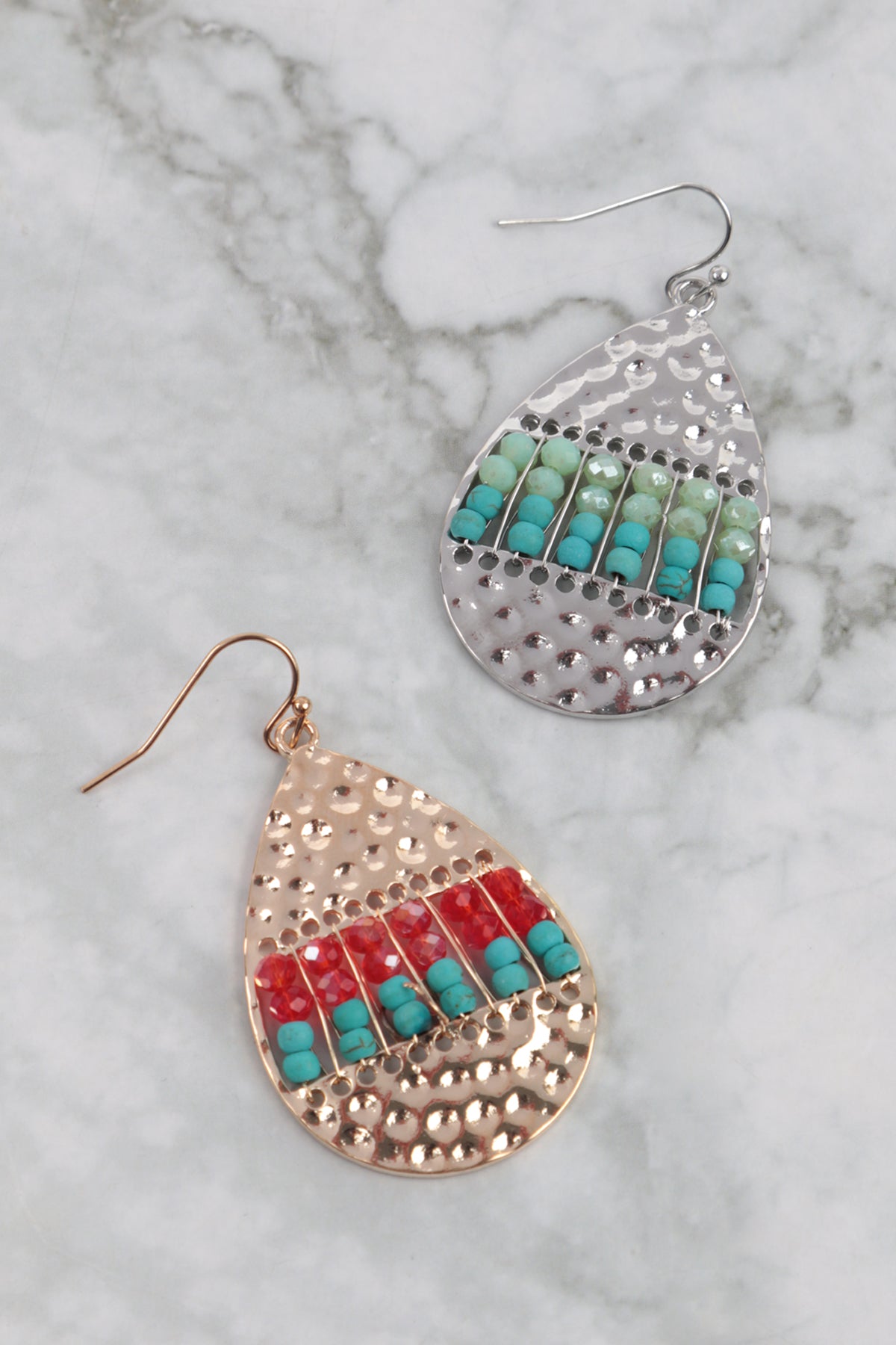 Textured Teardrop Shape Beaded Hook Earrings