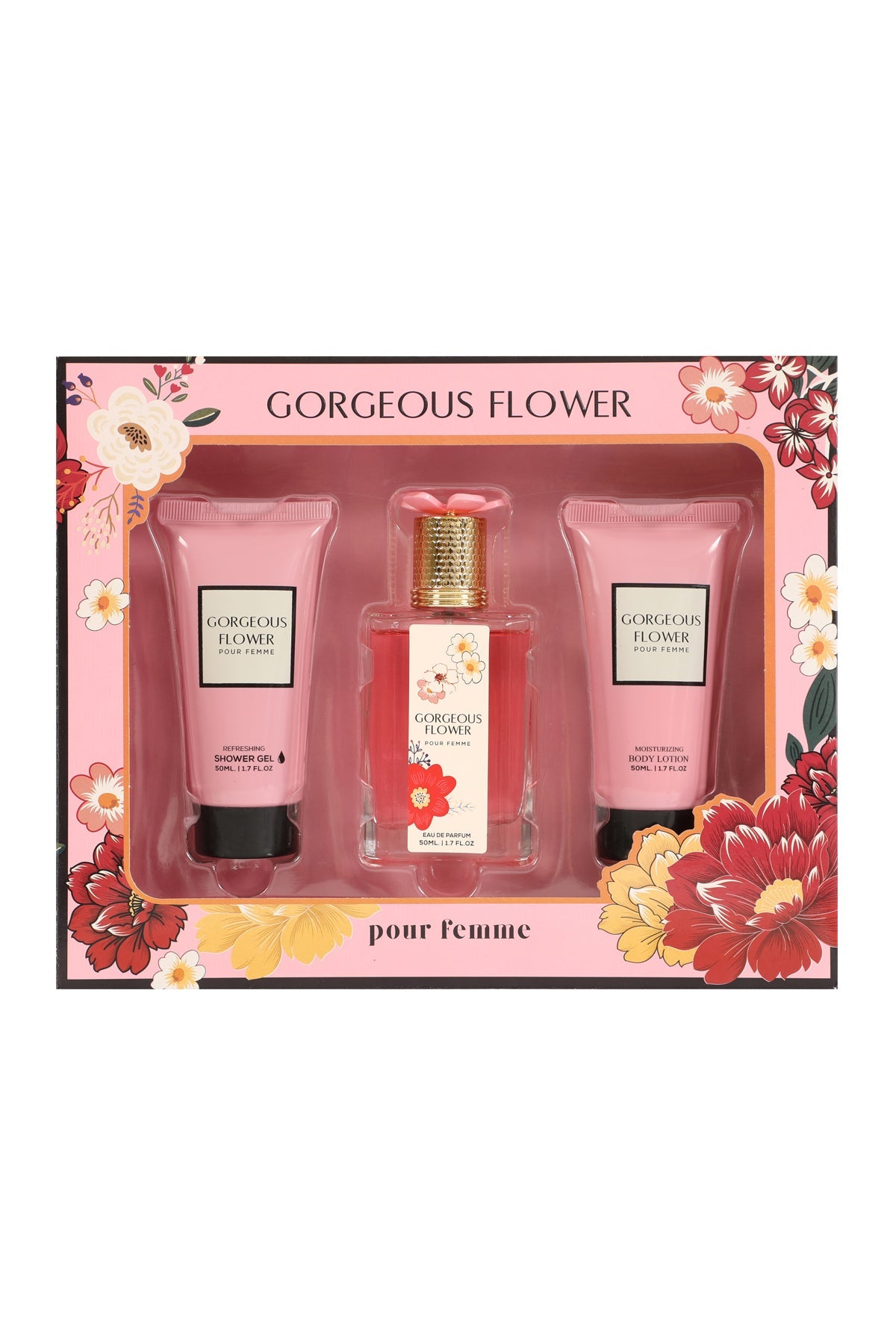GORGEOUS FLOWER SHOWER GEL, SPRAY PERFUME EAU DE PARFUM, BODY LOTION FOR WOMEN 50ML/1.7FL.OZ/3 GIFT SET