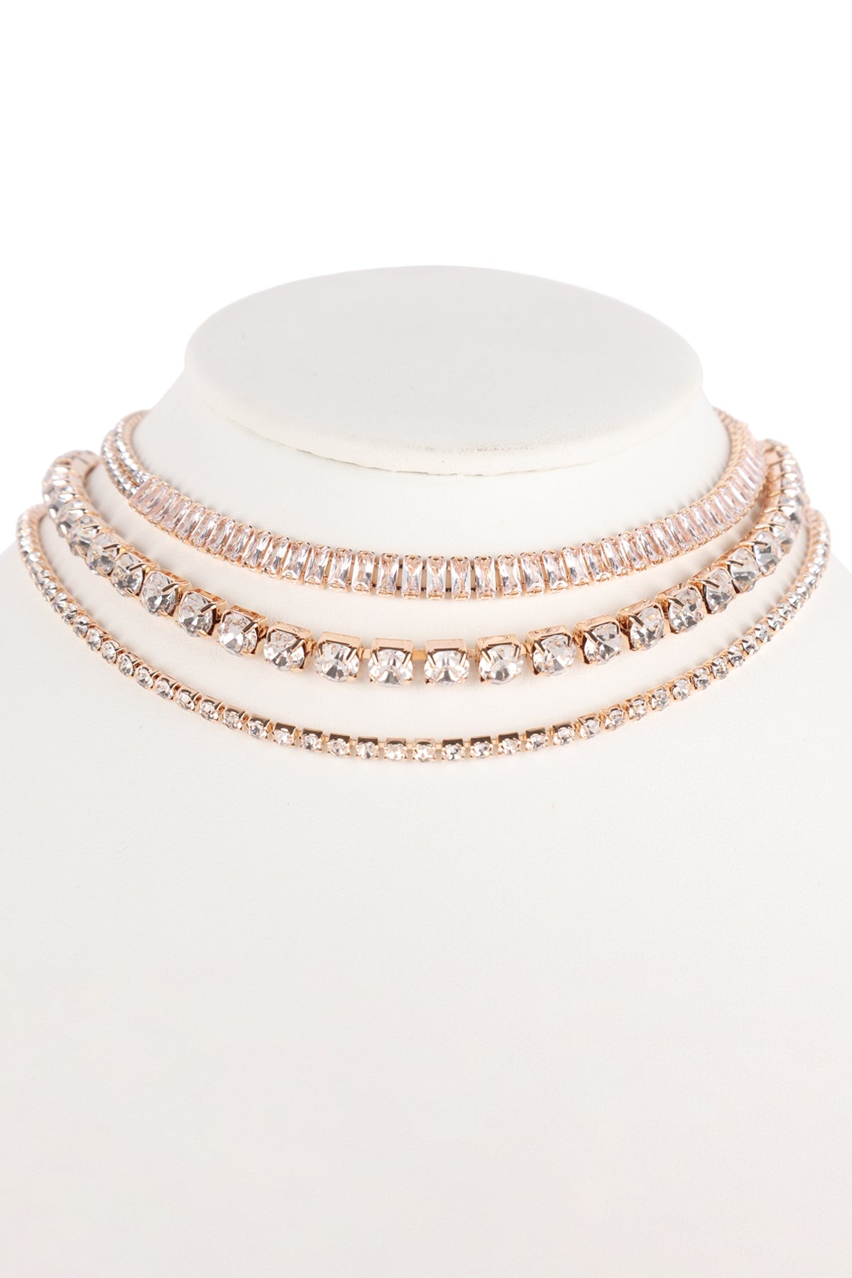 Cubic Zirconia & Rhinestone Baguette 3 Layer Choker Set Necklace