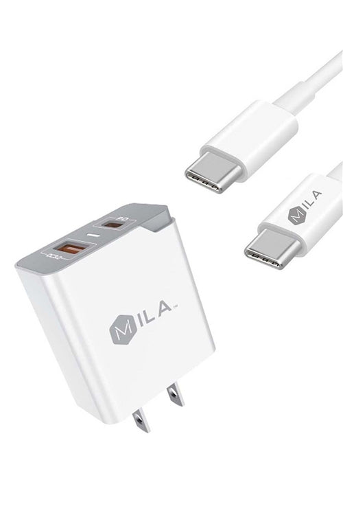 MILA 3.0A Fast Charge USB And USB-C Port  Home Wall Charger With Type C To Type-C Cable Retail White