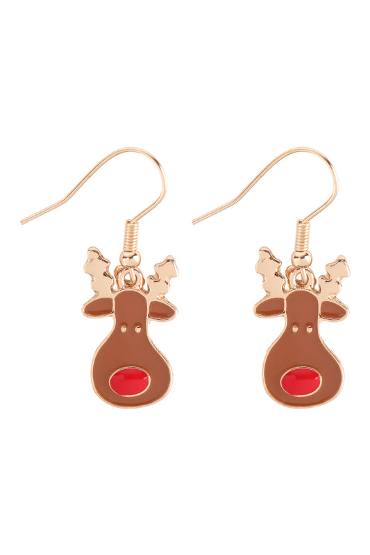 Christmas Rudolph Fish Hook Earrings Gold Brown