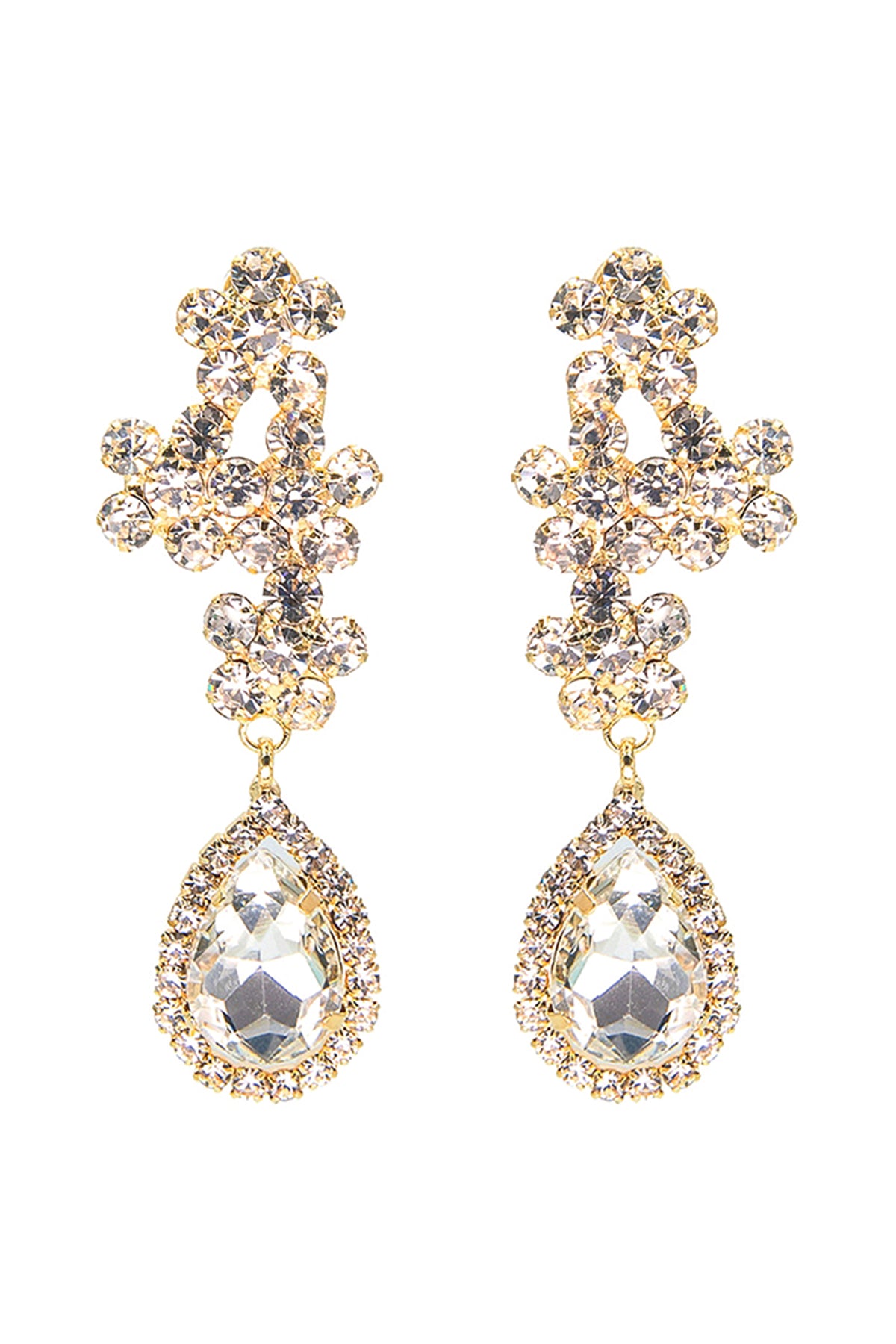 Rhinestone Cluster Flower Top Teardrop Earrings Crystal Silver