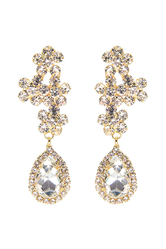Rhinestone Cluster Flower Top Teardrop Earrings Crystal Silver