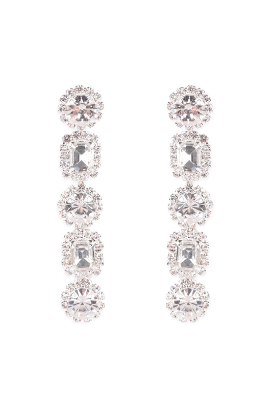 Rhinestone Round Square Shape Drop Post Earrings Crystal Silver