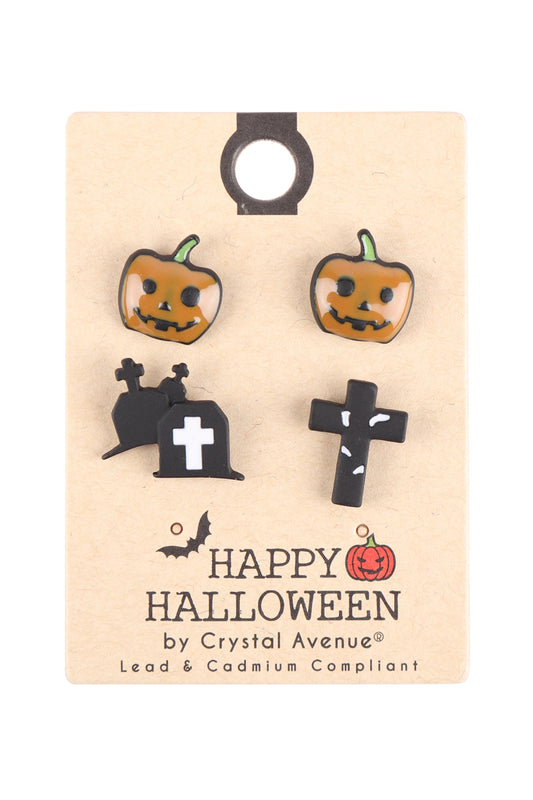 Halloween Pumpkin Tomb Cross Pairs Stud Earrings Black