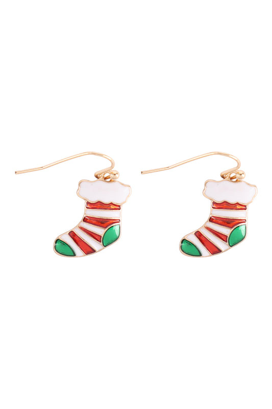 Christmas Stocking Drop Fish Hook Earrings Gold