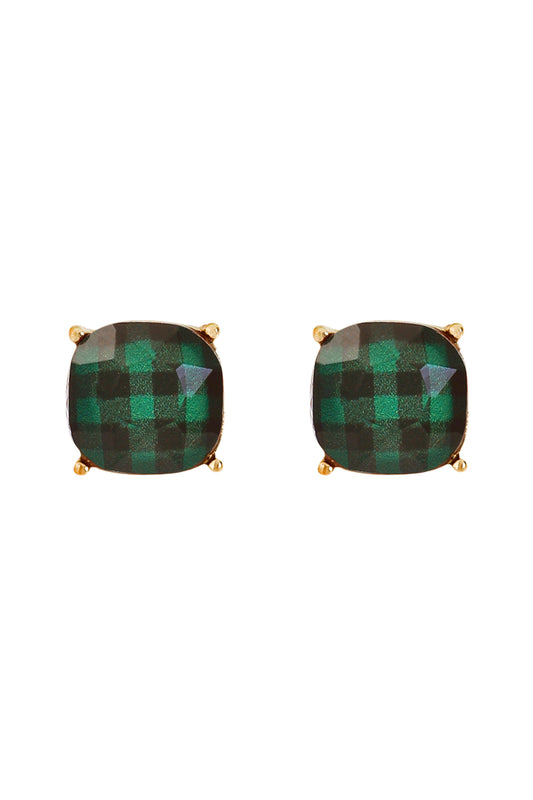 Green Faceted Buffalo Checkered Post Earrings