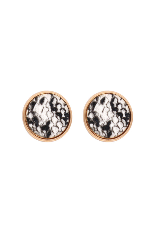 Round Shape Snake Print Stud Earrings White Matte Gold
