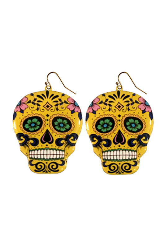 Halloween Sugar Skull Dangle Hook Earrings Yellow