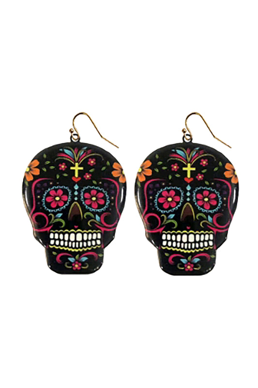 Halloween Sugar Skull Dance Fish Hook Earrings Black