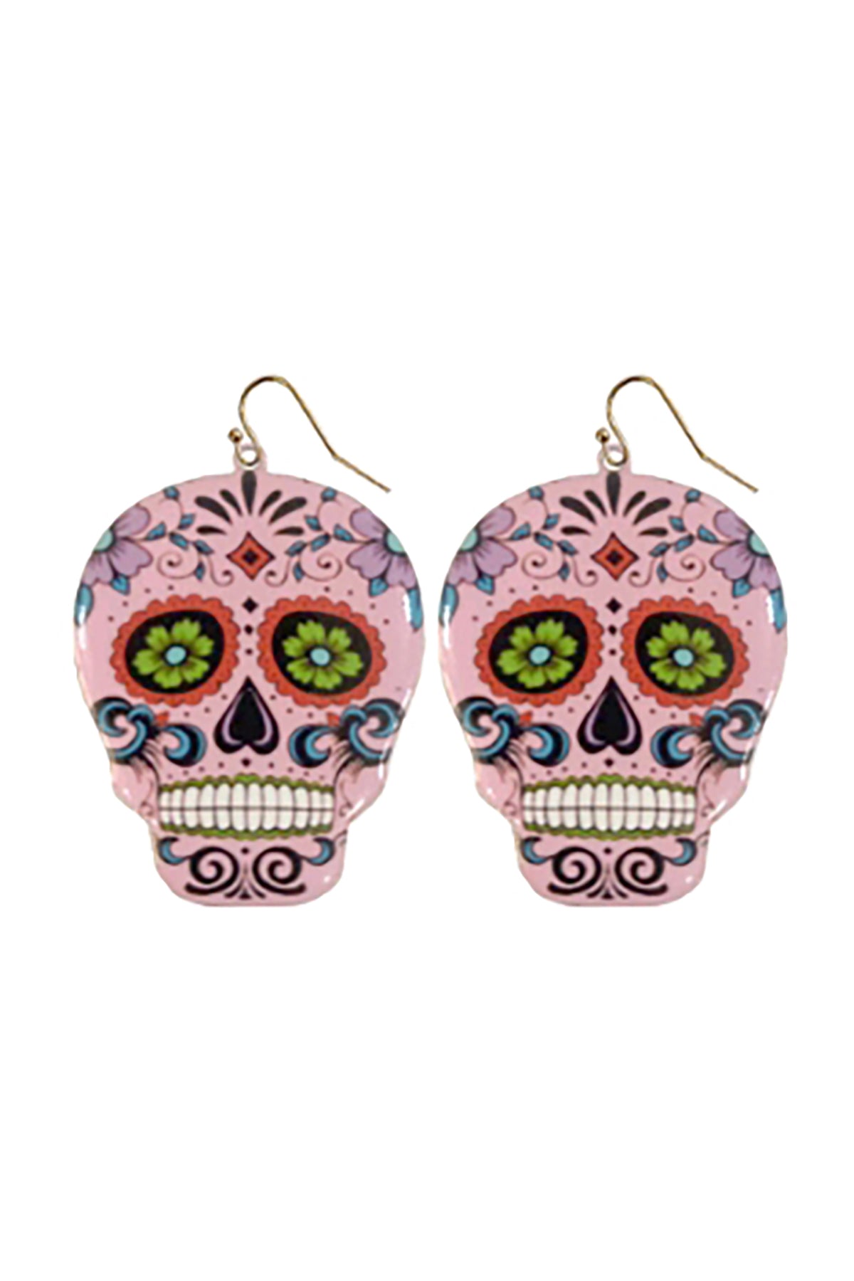 Halloween Sugar Skull Dangle Fish Hook Earrings Light Rose