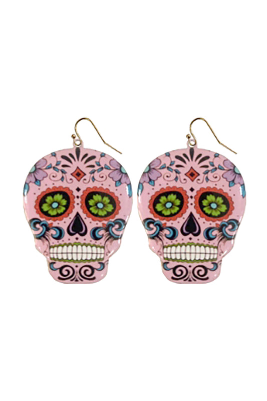 Halloween Sugar Skull Dangle Fish Hook Earrings Light Rose