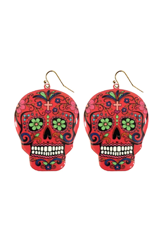 Halloween Sugar Skull Dangle Fish Hook Earrings Burgundy