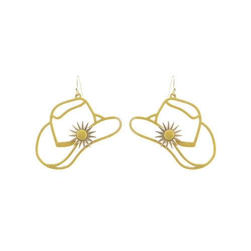 Western Cowboy Hat Filigree Drop Earrings Light Brown