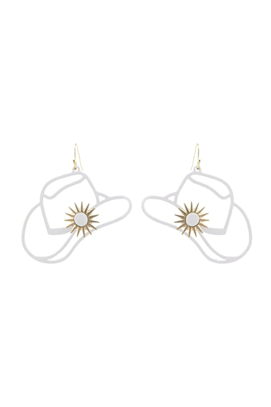 Western Cowboy Hat Filigree Drop Earrings White